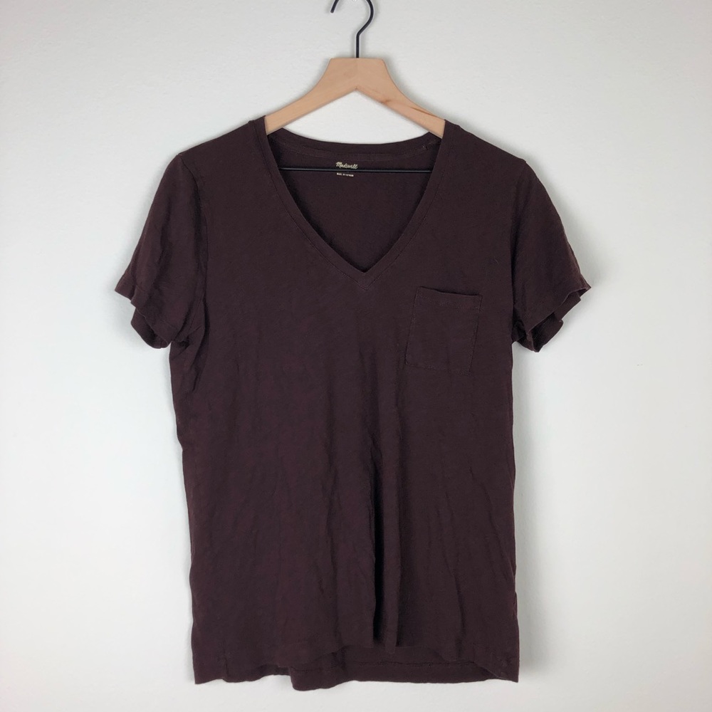 Madewell Maroon V neck Tee with pocket, Large